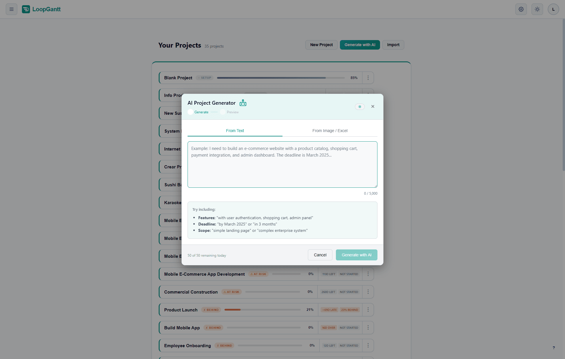 AI Project Generator modal with text input, prompt tips, and Generate with AI button