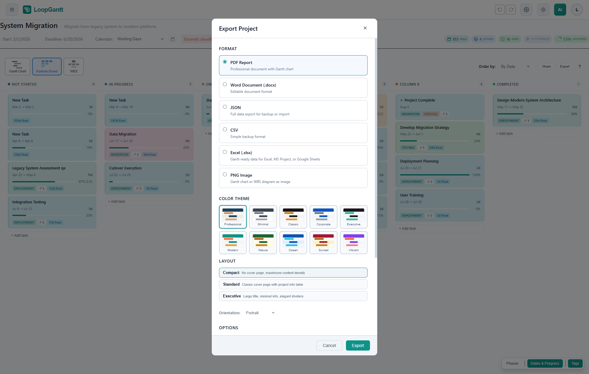 Export Project modal with format options (PDF, Word, JSON, CSV, Excel, PNG), color themes, and layout choices