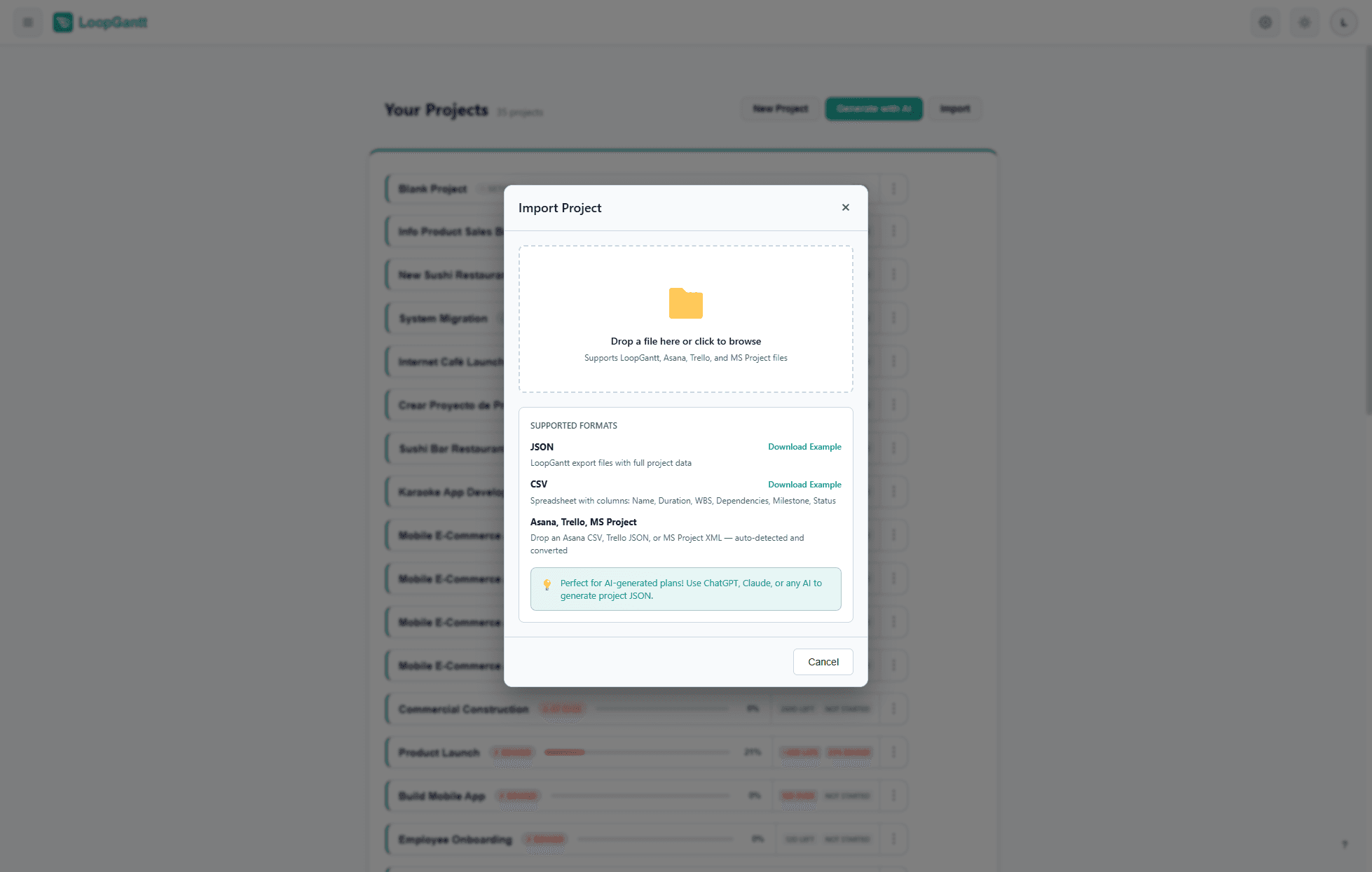 Import Project modal showing drag-and-drop zone and supported formats: JSON, CSV, Asana, Trello, MS Project