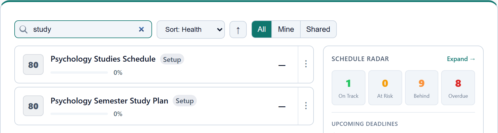 The project dashboard search bar filtering the project list in real time, showing only the matching projects