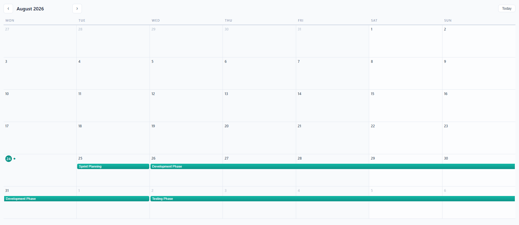 Month calendar view showing phase bars spanning weeks and a milestone diamond on today's date