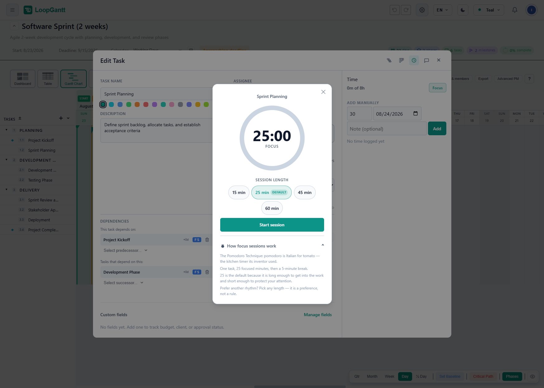 A task's time log side panel with the Focus session timer overlay ready to start a 25-minute session